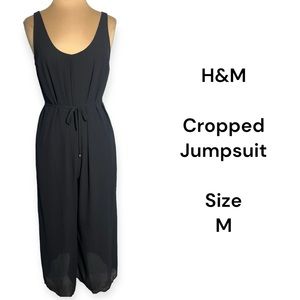 H&M black flowy wide leg cropped jumpsuit scoop neck tie waist dressy size M